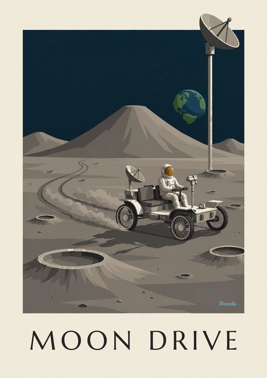 Plakat med måne-rover mellem Månens kratere