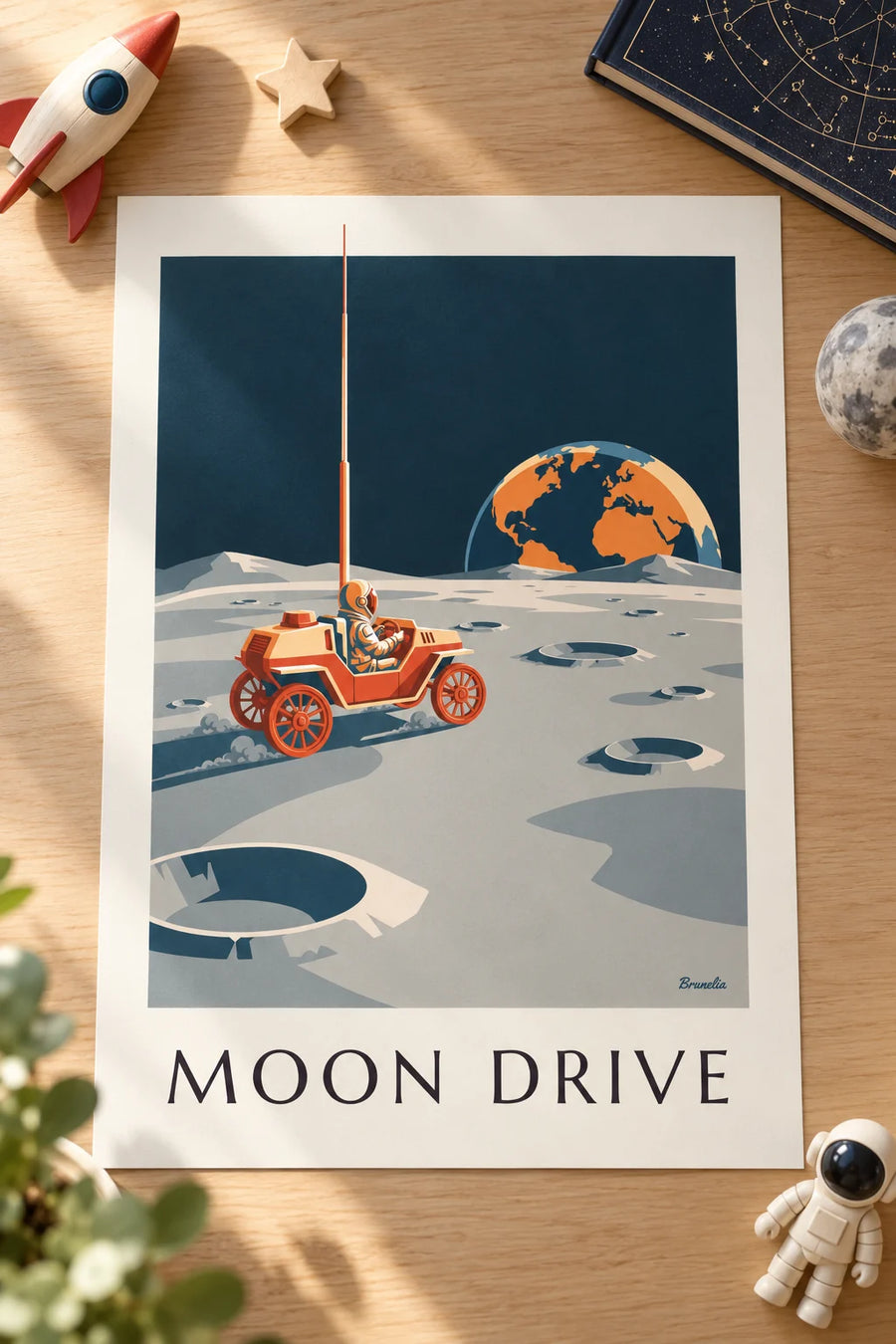 Poster of a lunar rover driving between the Moon’s craters: on a table