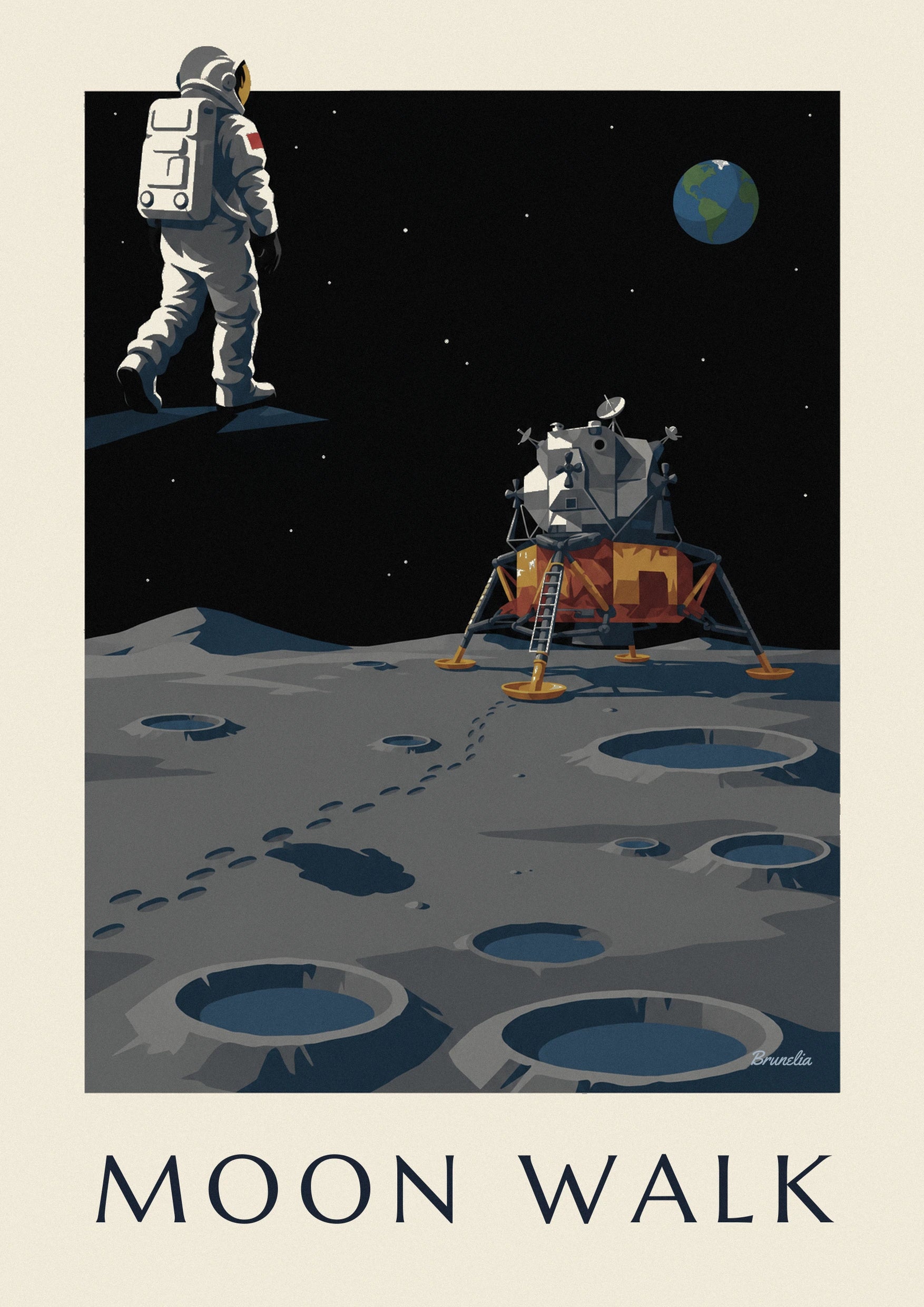 Plakat med astronaut på vej mod månemodulet på Månen: nærbillede af detalje