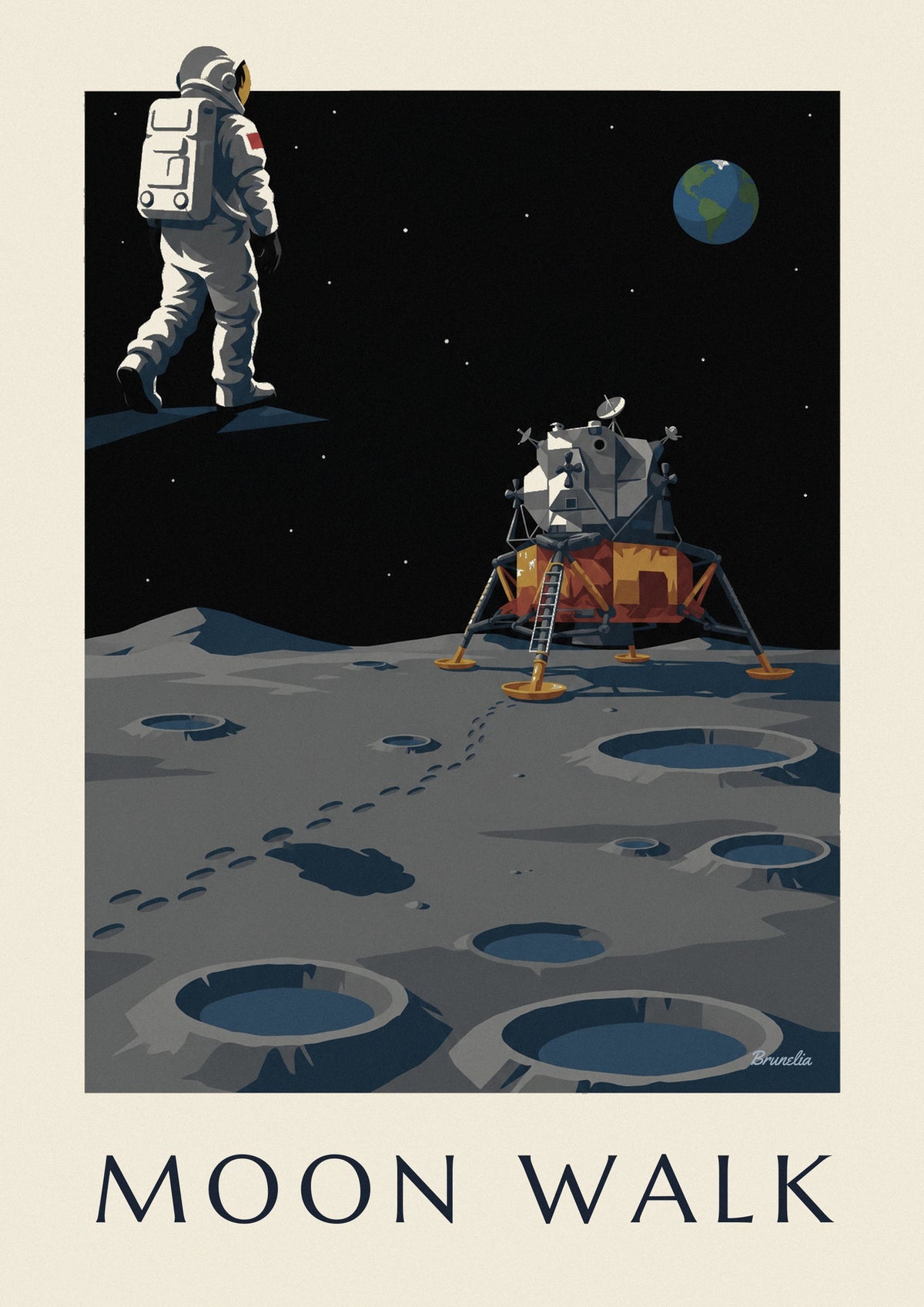 Plakat med astronaut på vej mod månemodulet på Månen