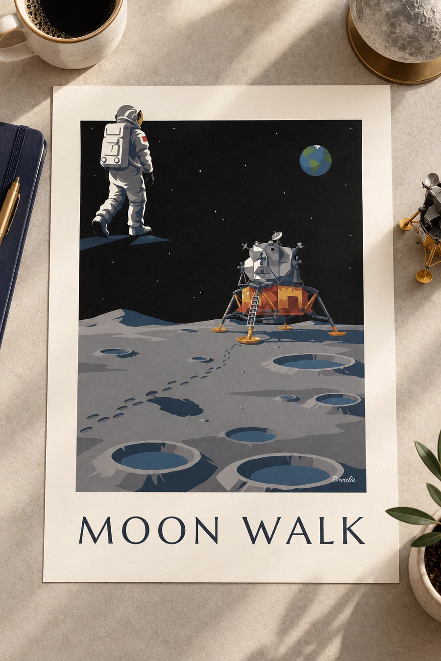 Plakat med en astronaut, der går mod månelandingsfartøjet på Månen: stående på et bord