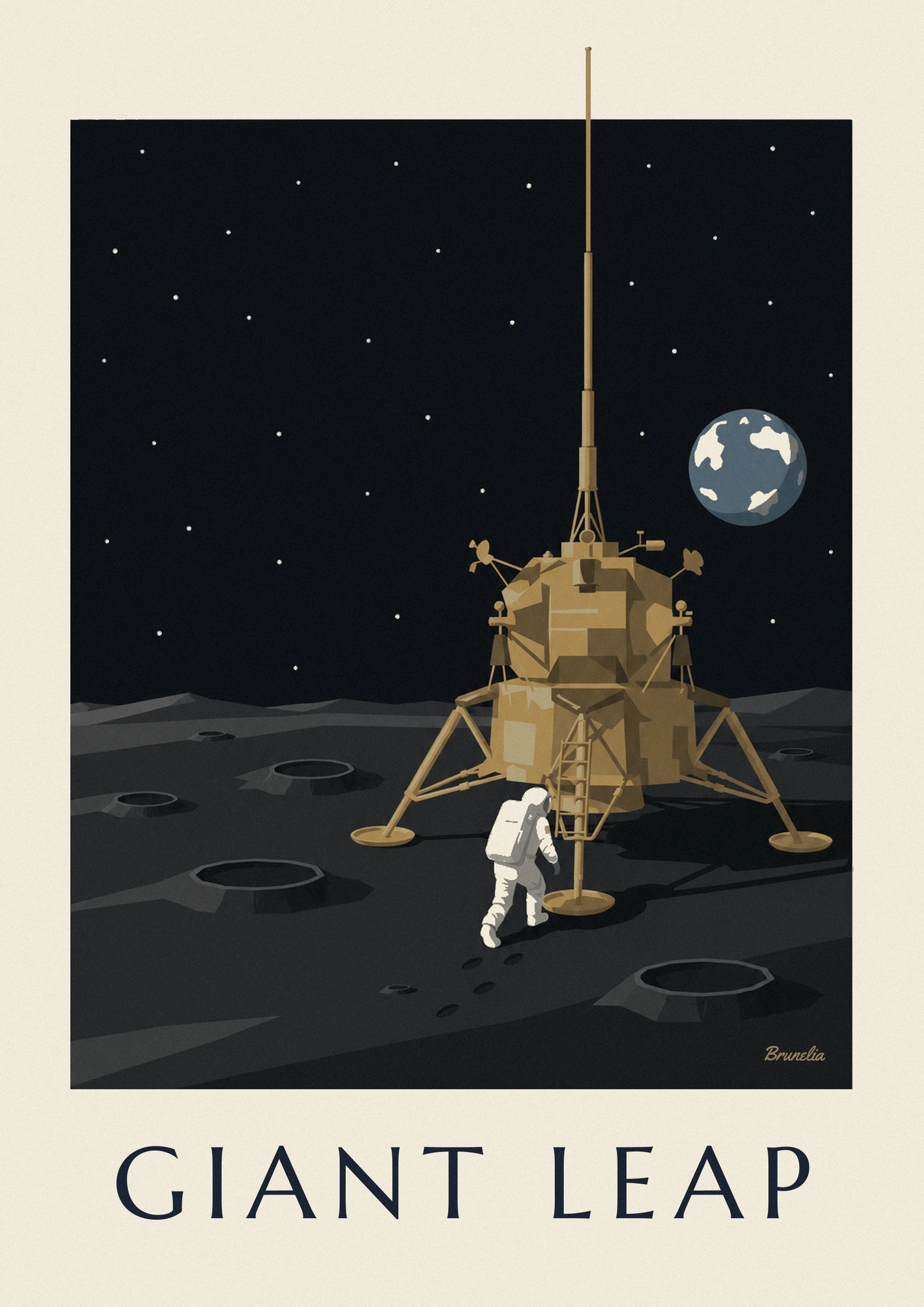 The golden lunar module, its antenna and the blue Earth in the black sky