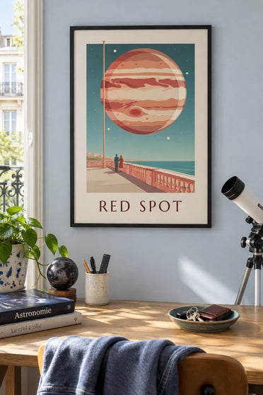 Poster of the planet Jupiter and its Great Red Spot in the sky: framed on the wall