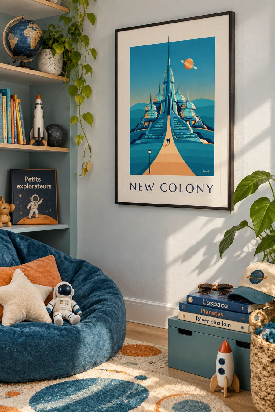 Colony under glass domes on a planet poster: framed on the wall