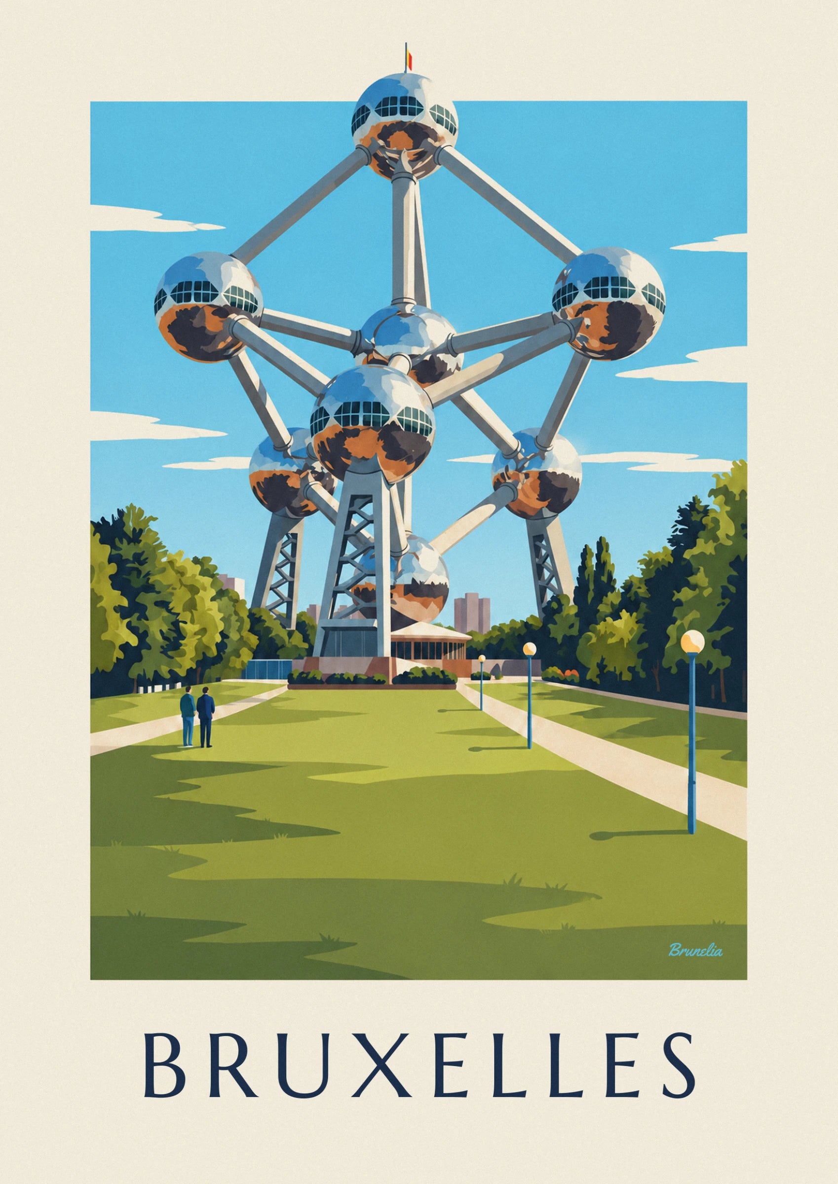 The Atomium's steel spheres and connecting tubes against a blue sky