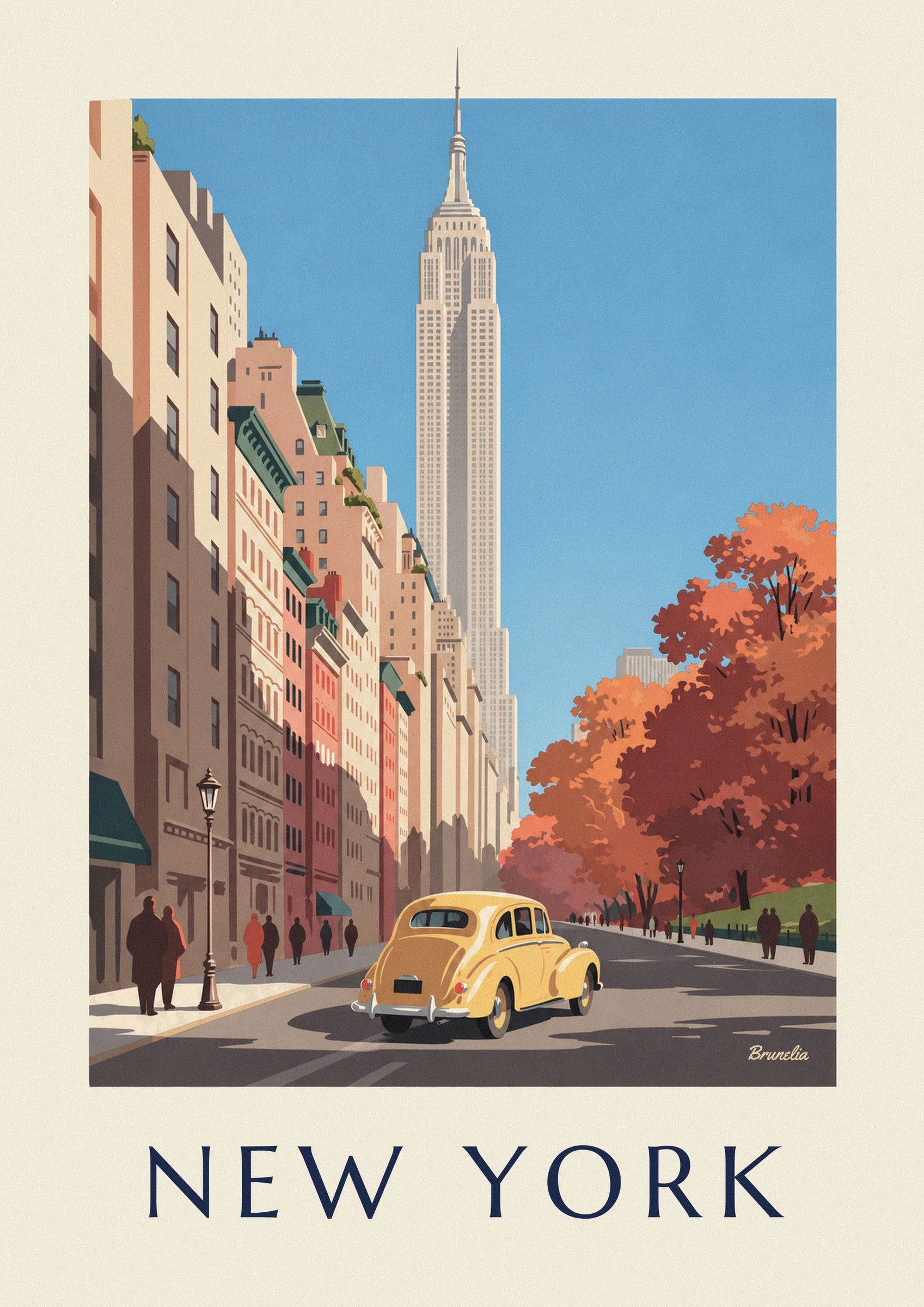 The slender outline of the Empire State Building against a blue sky