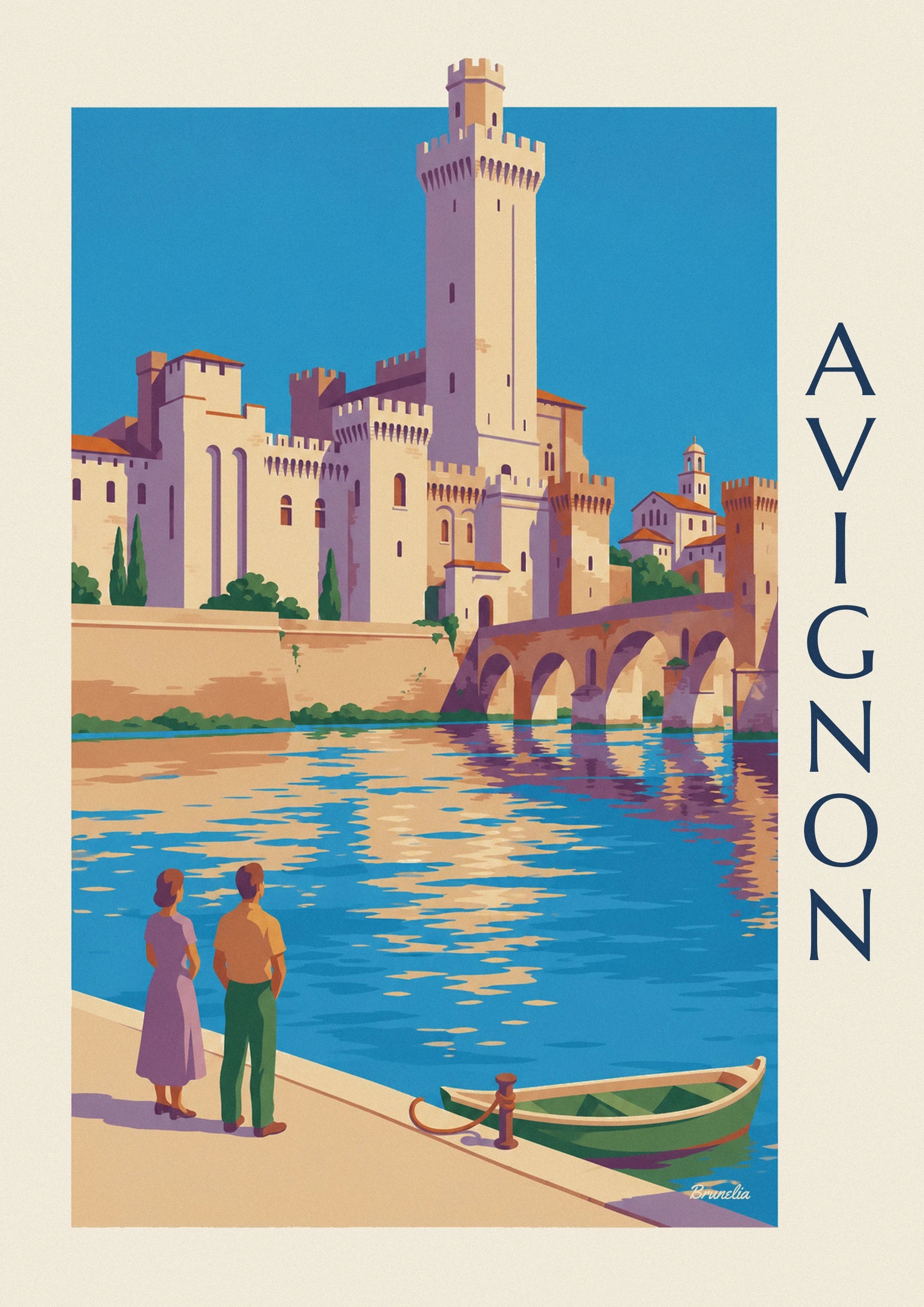 Plakat med Pont Saint-Bénézet og pavepaladset i Avignon: nærbillede af detalje
