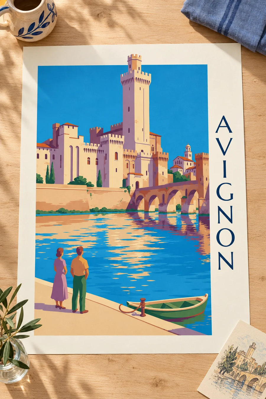 Affiche pont Saint-Bénézet et palais des Papes à Avignon : posée sur une table