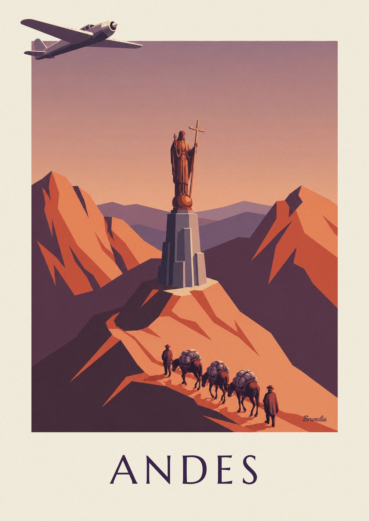 Affiche avion postal et caravane de mules dans les Andes
