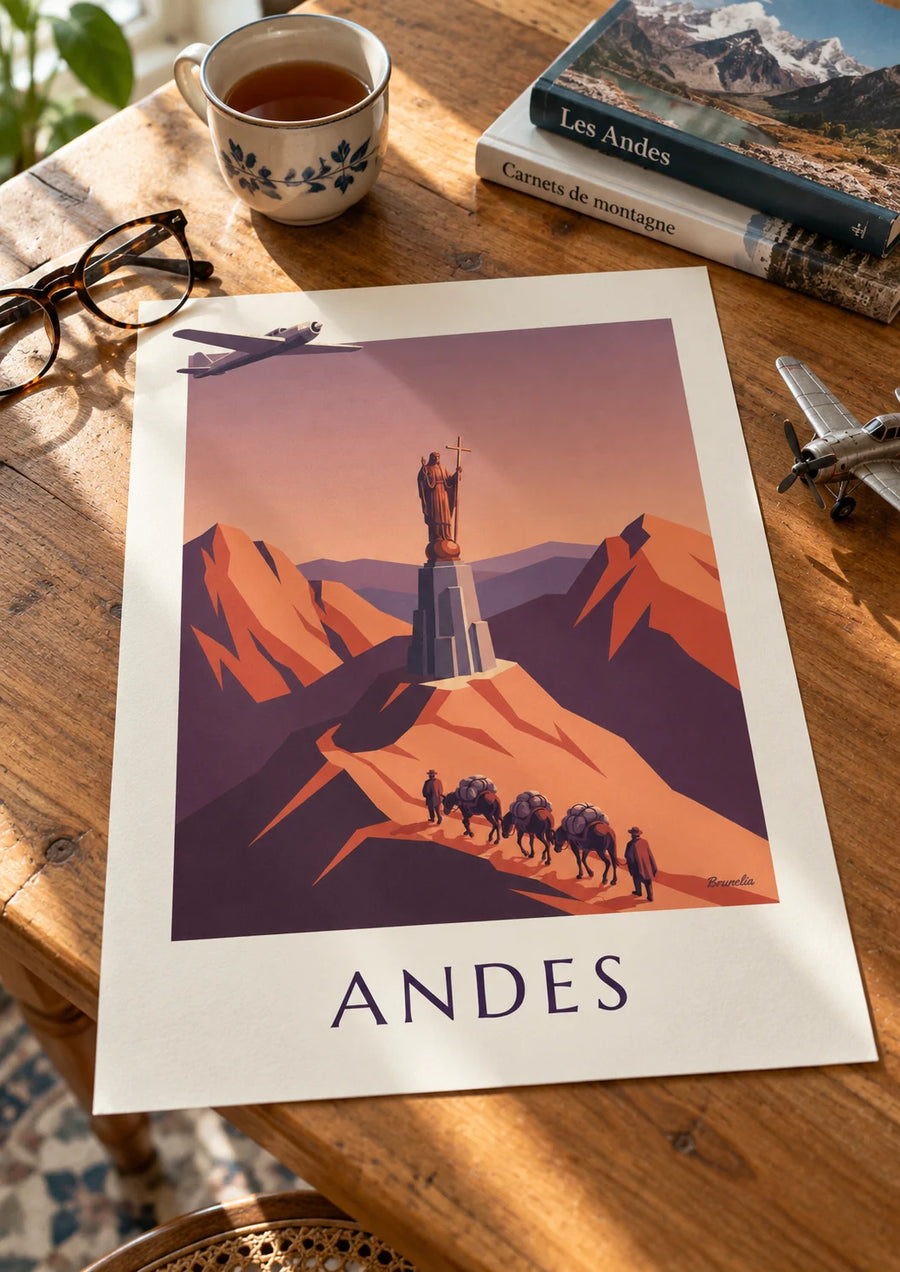 Plakat med postfly og muldyrkaravane i Andesbjergene: stående på et bord
