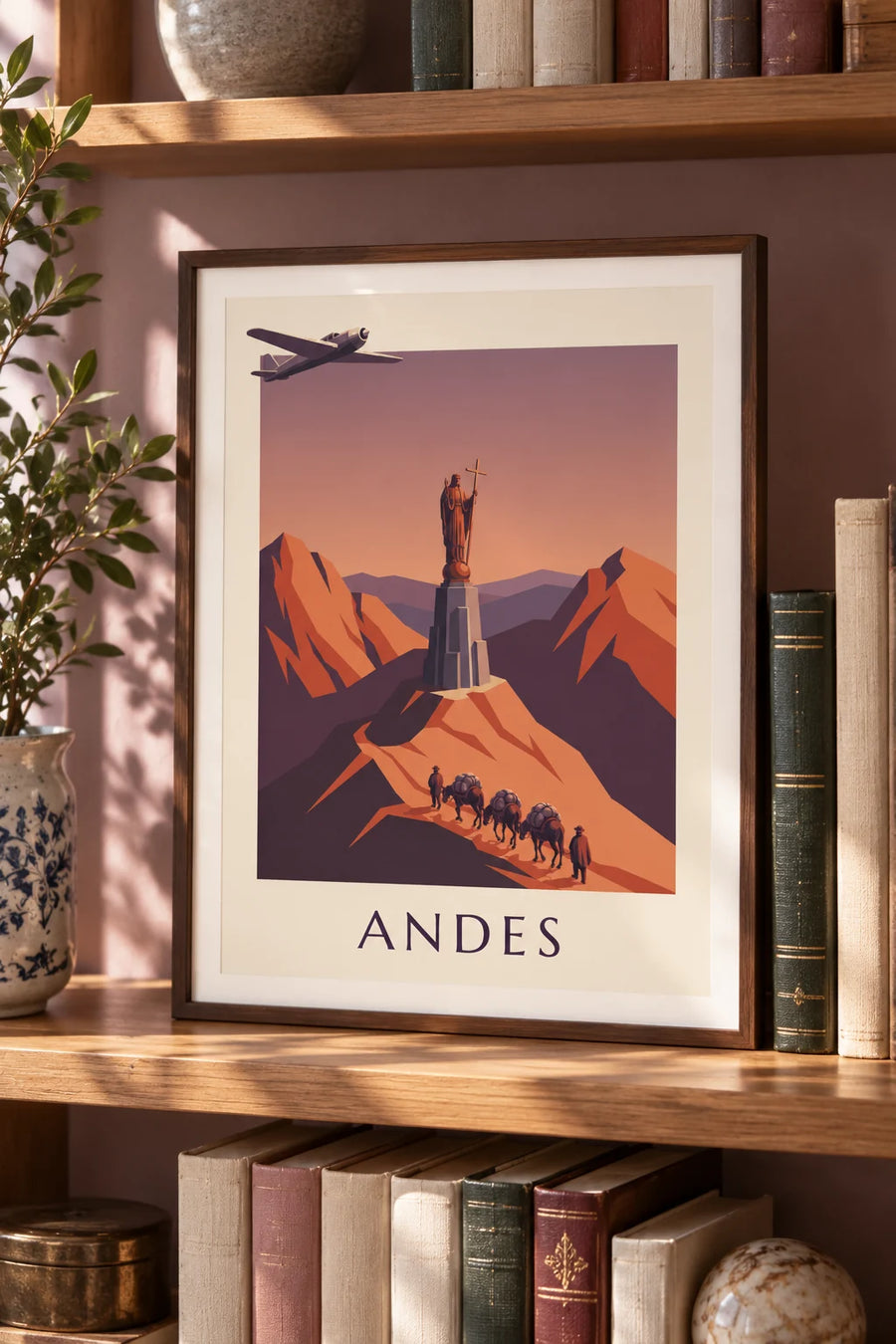 Plakat med postfly og muldyrkaravane i Andesbjergene: lille A4-plakat i ramme