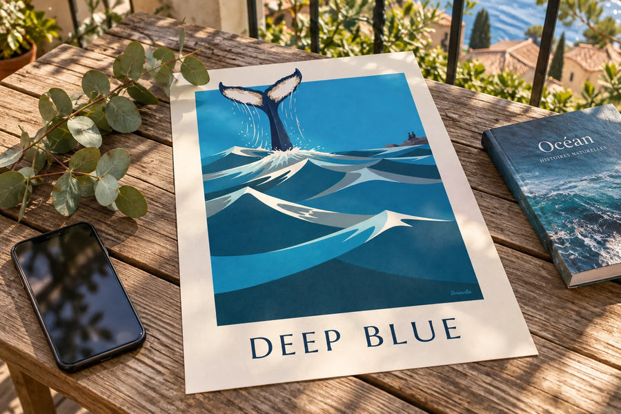 Plakat med pukkelhval, der dykker ned i havet med halen løftet: stående på et bord