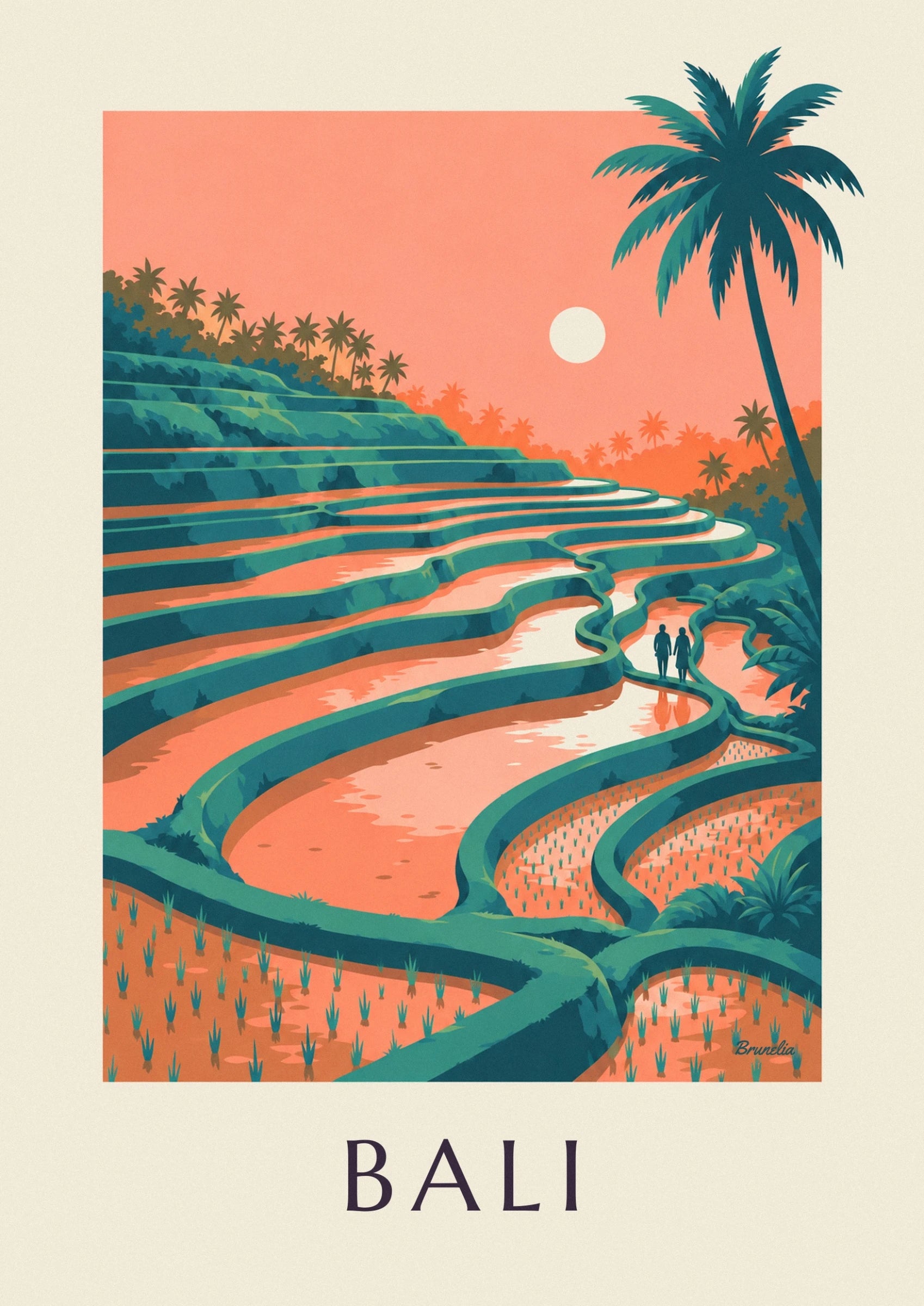 Les rizières en terrasses de Bali, entre digues vertes et reflets corail