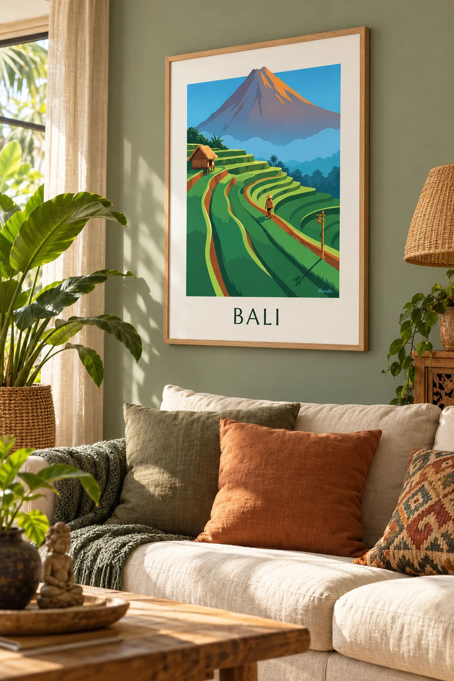 Plakat med risterrasser på Bali og Agung-bjerget ved solopgang: indrammet på væggen