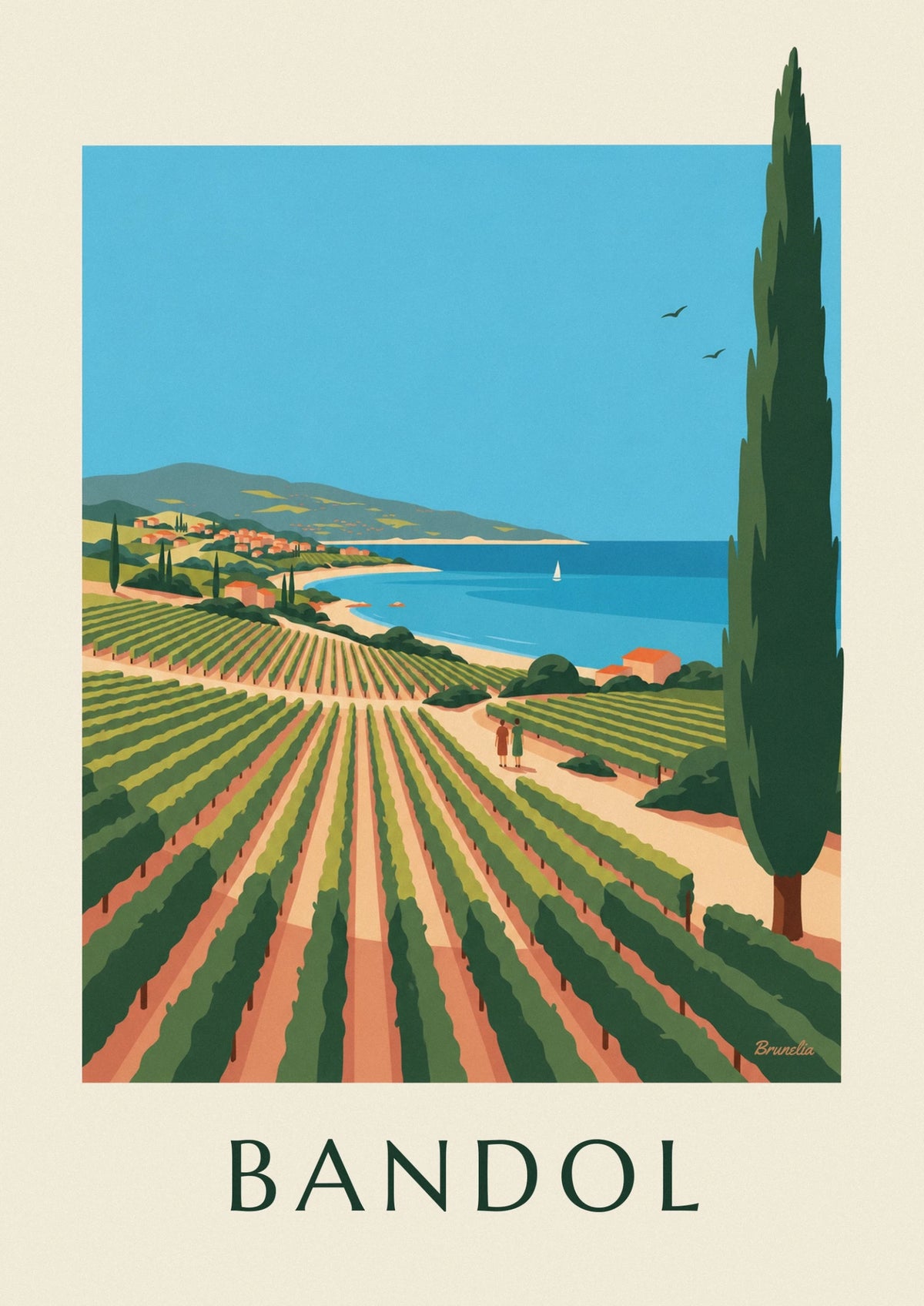 Bandol vineyards, cypress and blue Mediterranean bay poster