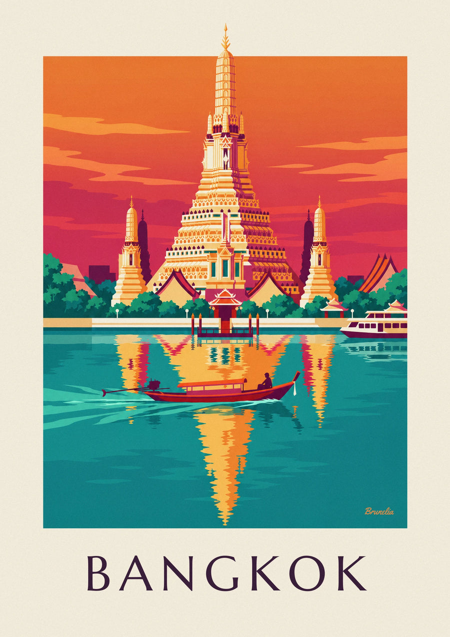 Plakat med Wat Arun-templet ved floden i Bangkok