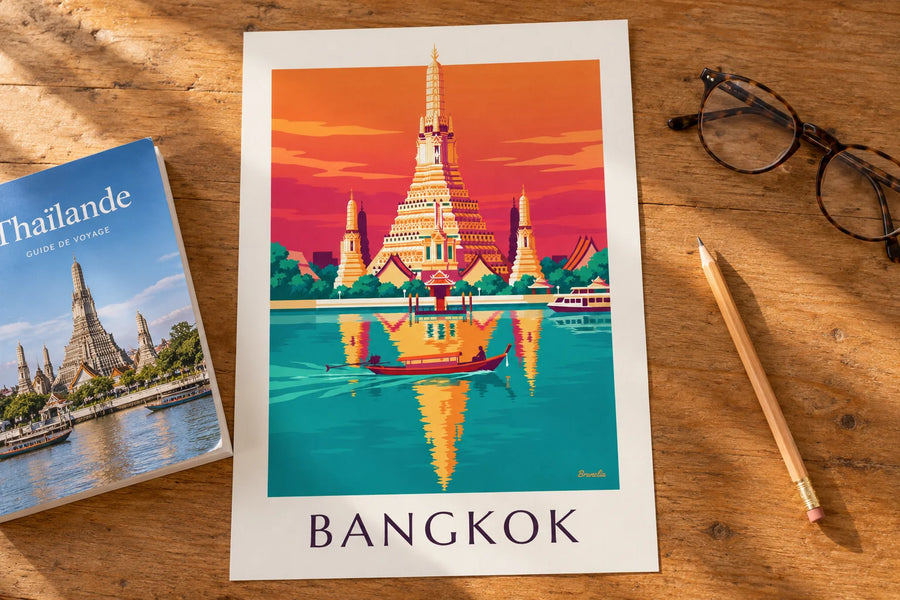 Plakat med Wat Arun-templet ved floden i Bangkok: på et bord