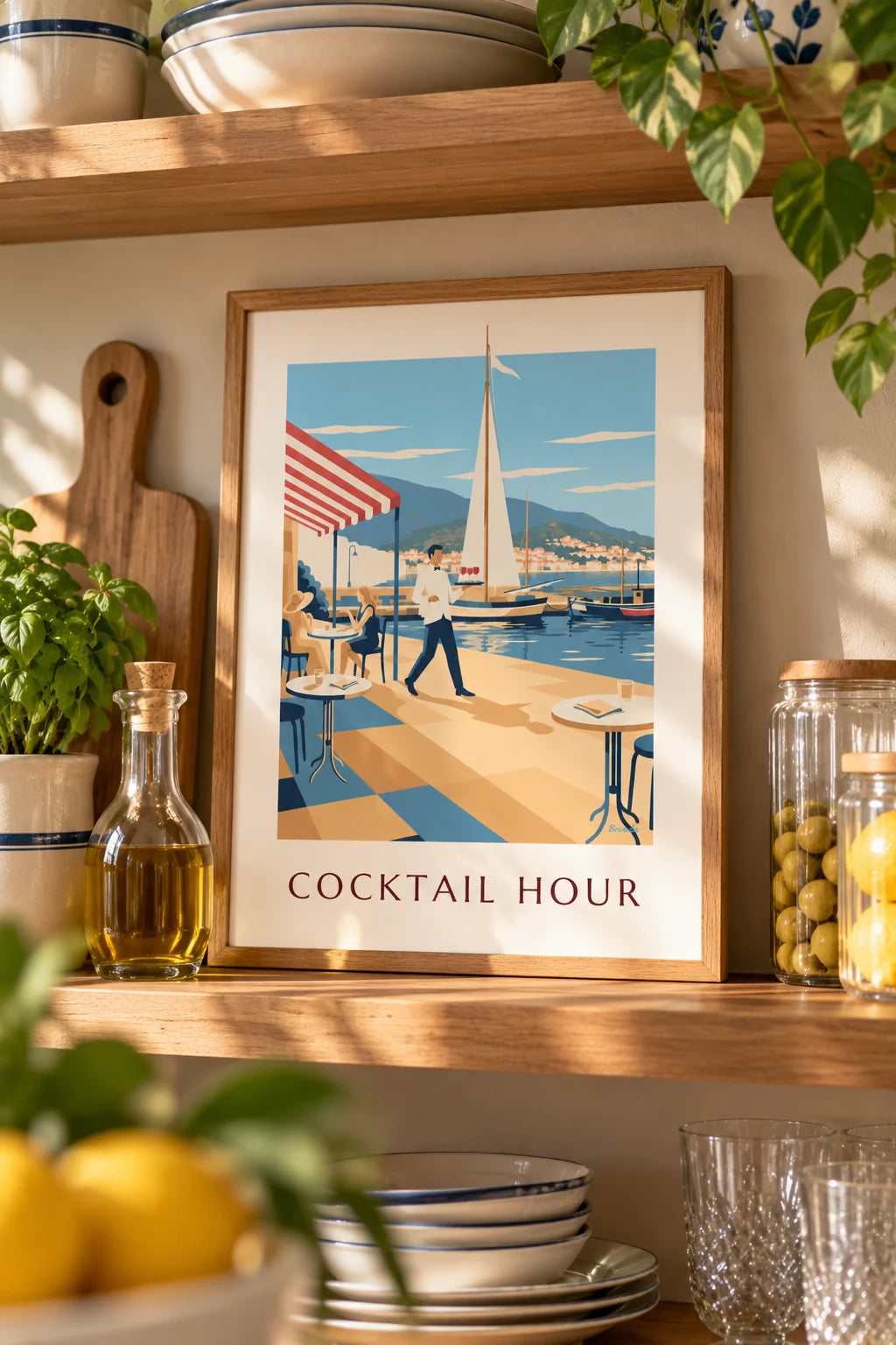 Cuisine : mise en situation de Affiche serveur et apéritifs sur une terrasse de port