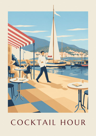Plakat med tjener og aperitiffer på en havneterrasse: hele plakaten