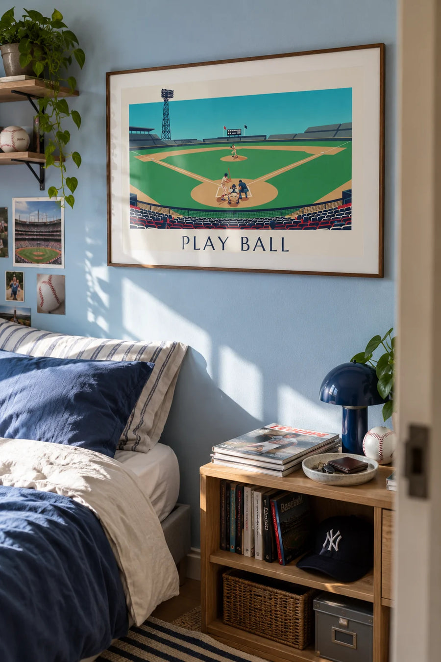 Plakat med en baseballkamp set fra tribunen en eftermiddag: indrammet på væggen