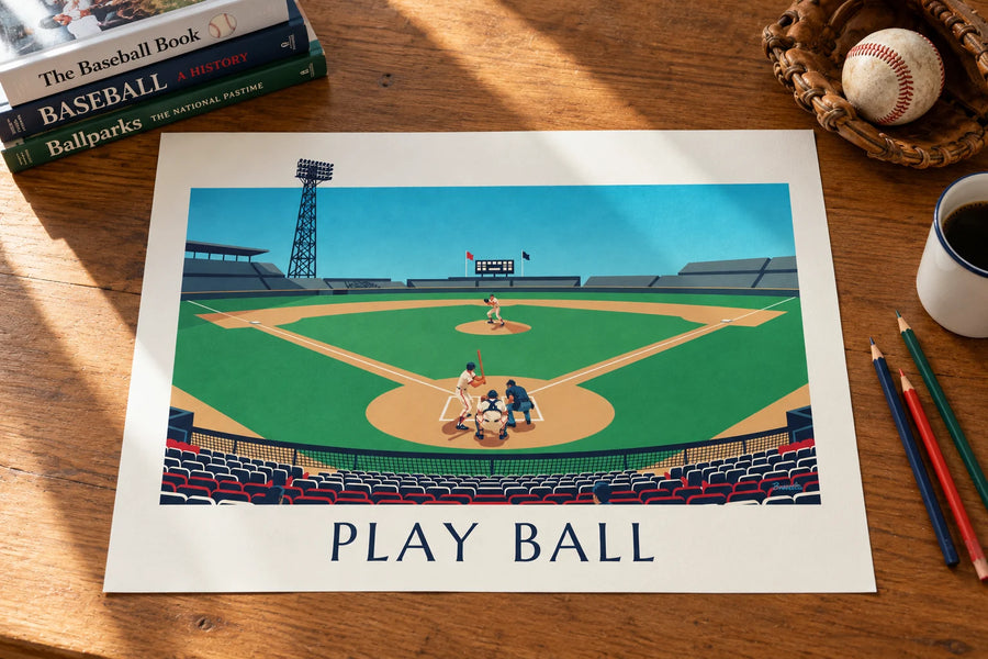 Plakat med baseballkamp set fra tribunen en eftermiddag: på et bord
