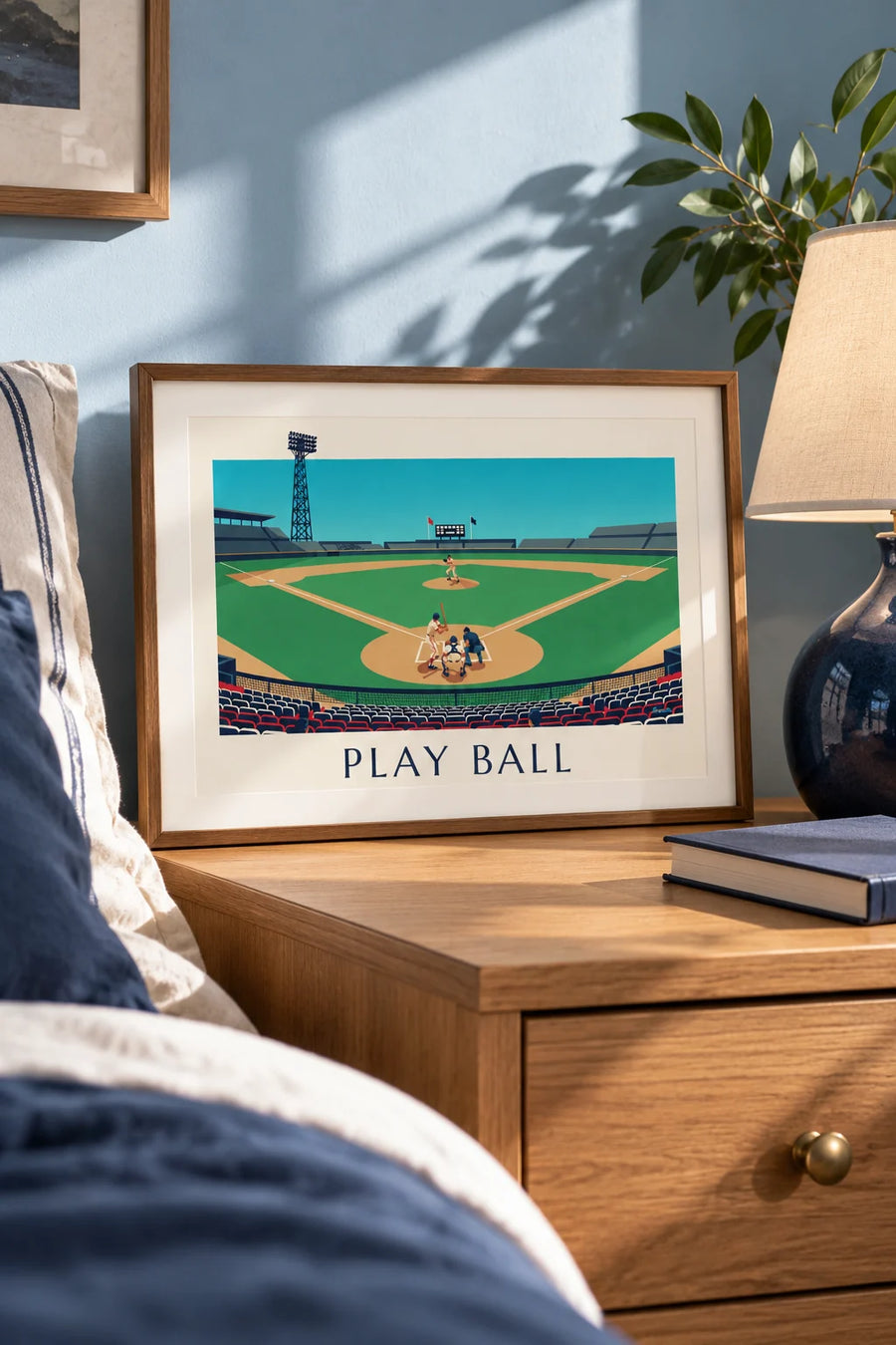 Plakat med baseballkamp set fra tribunen en eftermiddag: lille A4 i ramme