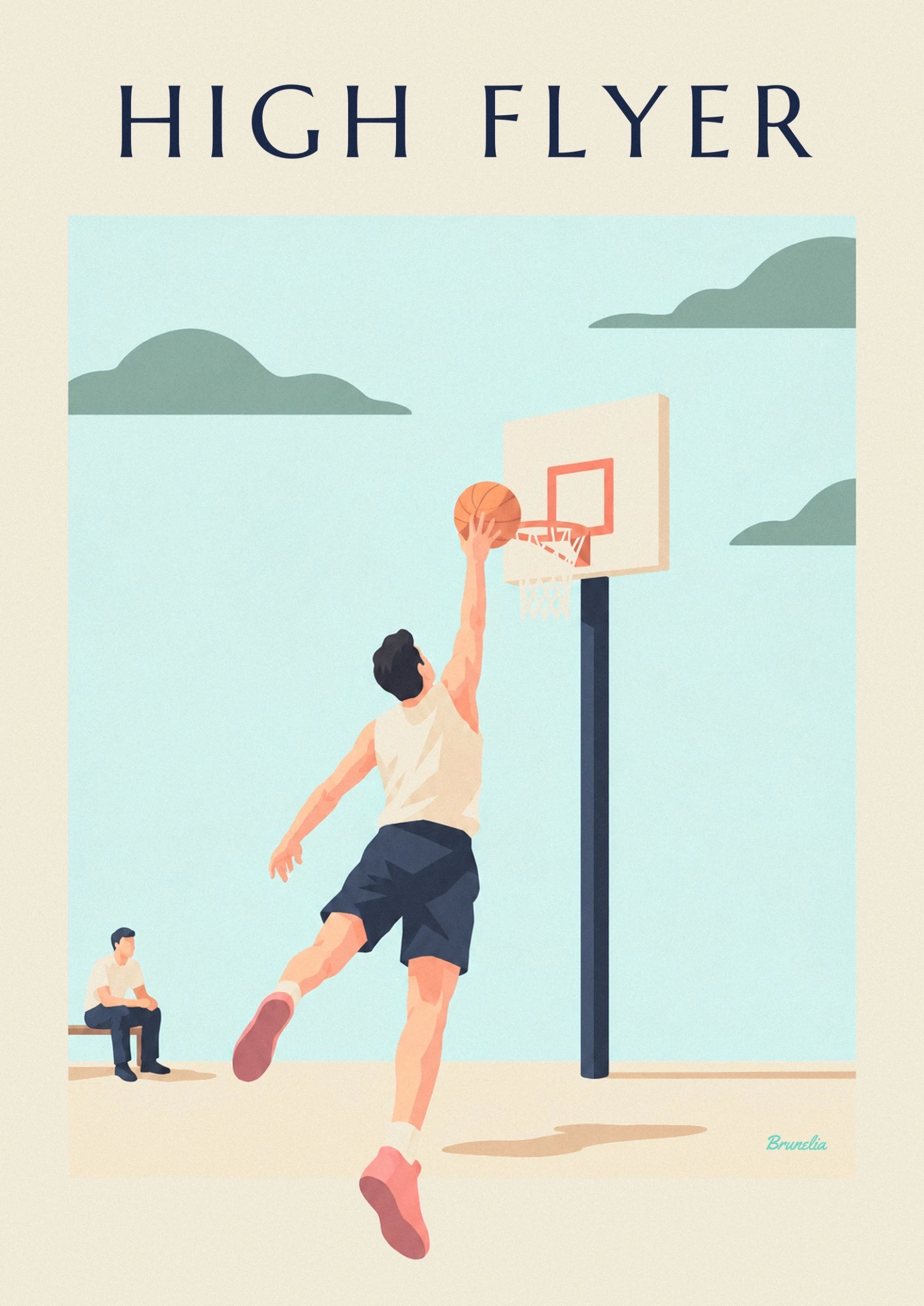 Plakat med basketballspiller, der letter mod kurven til et dunk: nærbillede af detalje