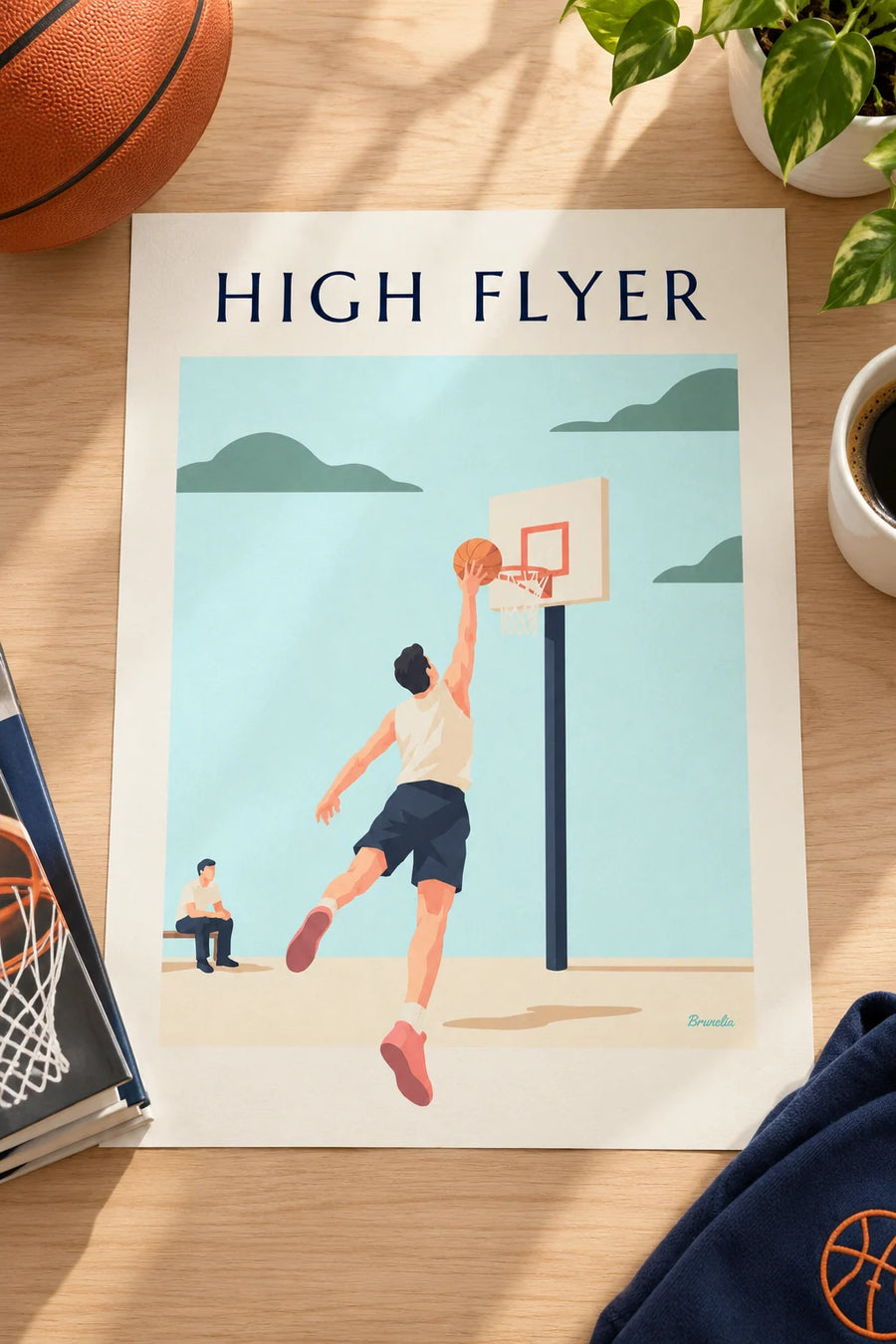 Plakat med basketballspiller, der letter mod kurven til en dunk: stående på et bord