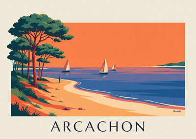 Plakat med Bassin d'Arcachon ved solnedgang, sejlbåde og pinjetræer: hele plakaten