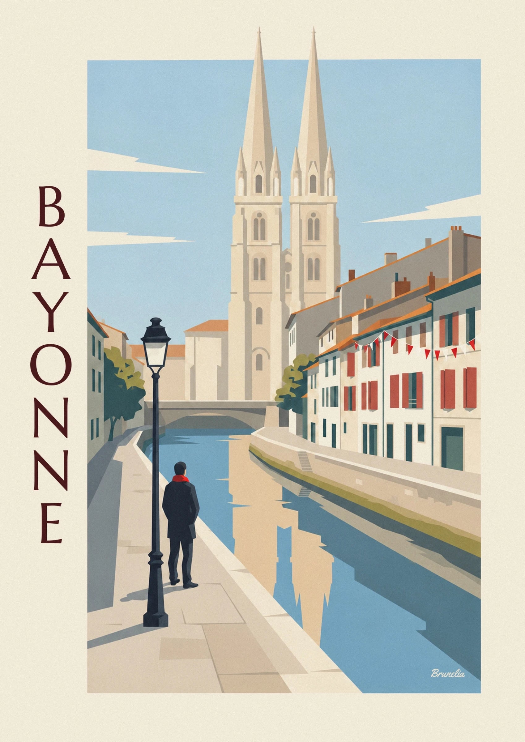 The 2 slender spires of the cathedral in Bayonne above the orange rooftops