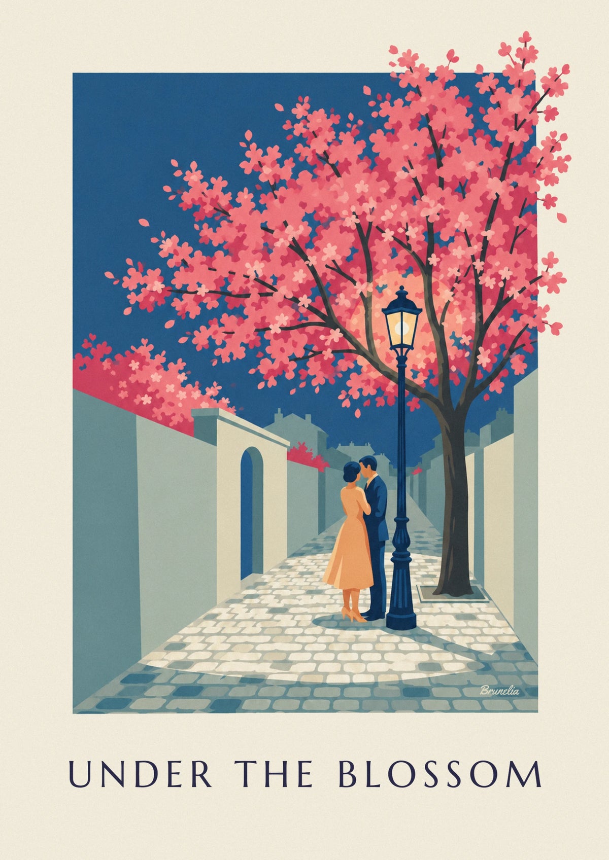 Couple under a street lamp and cherry blossom tree poster