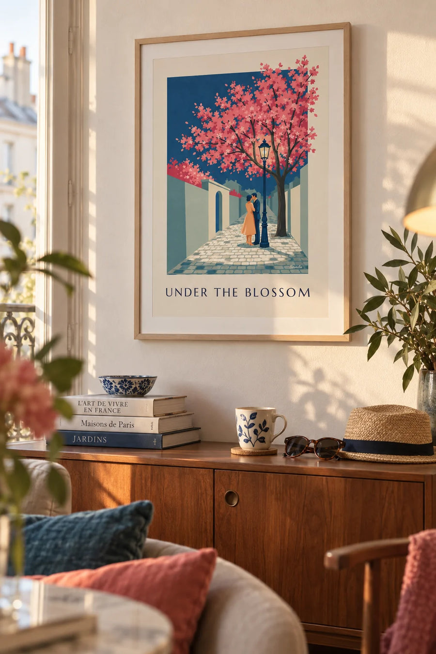 Poster of a couple beneath a street lamp and a cherry tree in bloom: framed on the wall