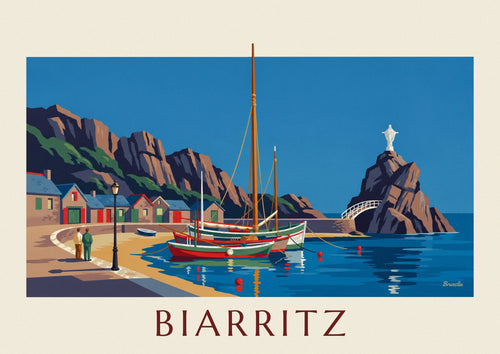 Plakat med Fiskerhavnen i Biarritz og Rocher de la Vierge: hele plakaten