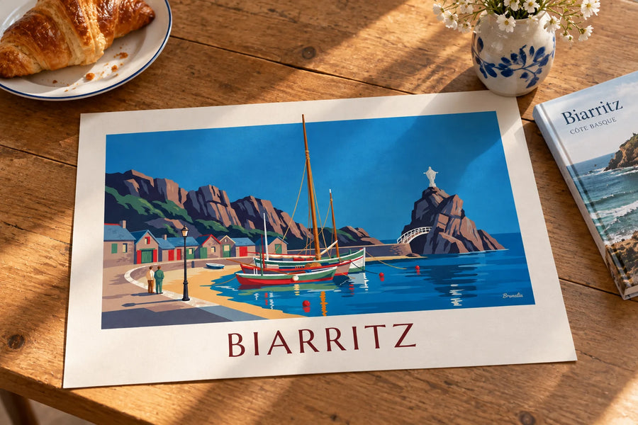 Plakat med fiskerhavnen i Biarritz og Rocher de la Vierge: stillet på et bord