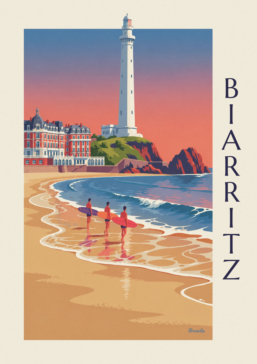 Plakat surfere og longboards foran Hôtel du Palais i Biarritz