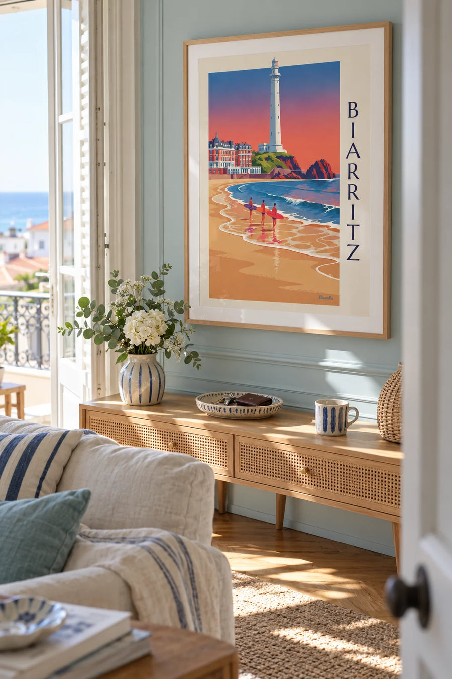 Plakat med surfere og longboards foran Hôtel du Palais i Biarritz: indrammet på væggen
