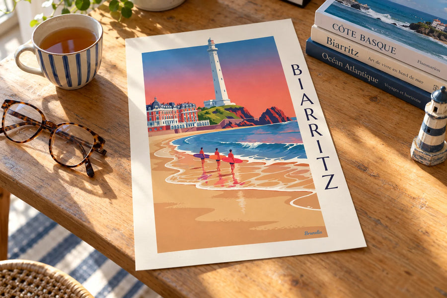 Plakat med surfere og longboards foran Hôtel du Palais i Biarritz: stillet op på et bord