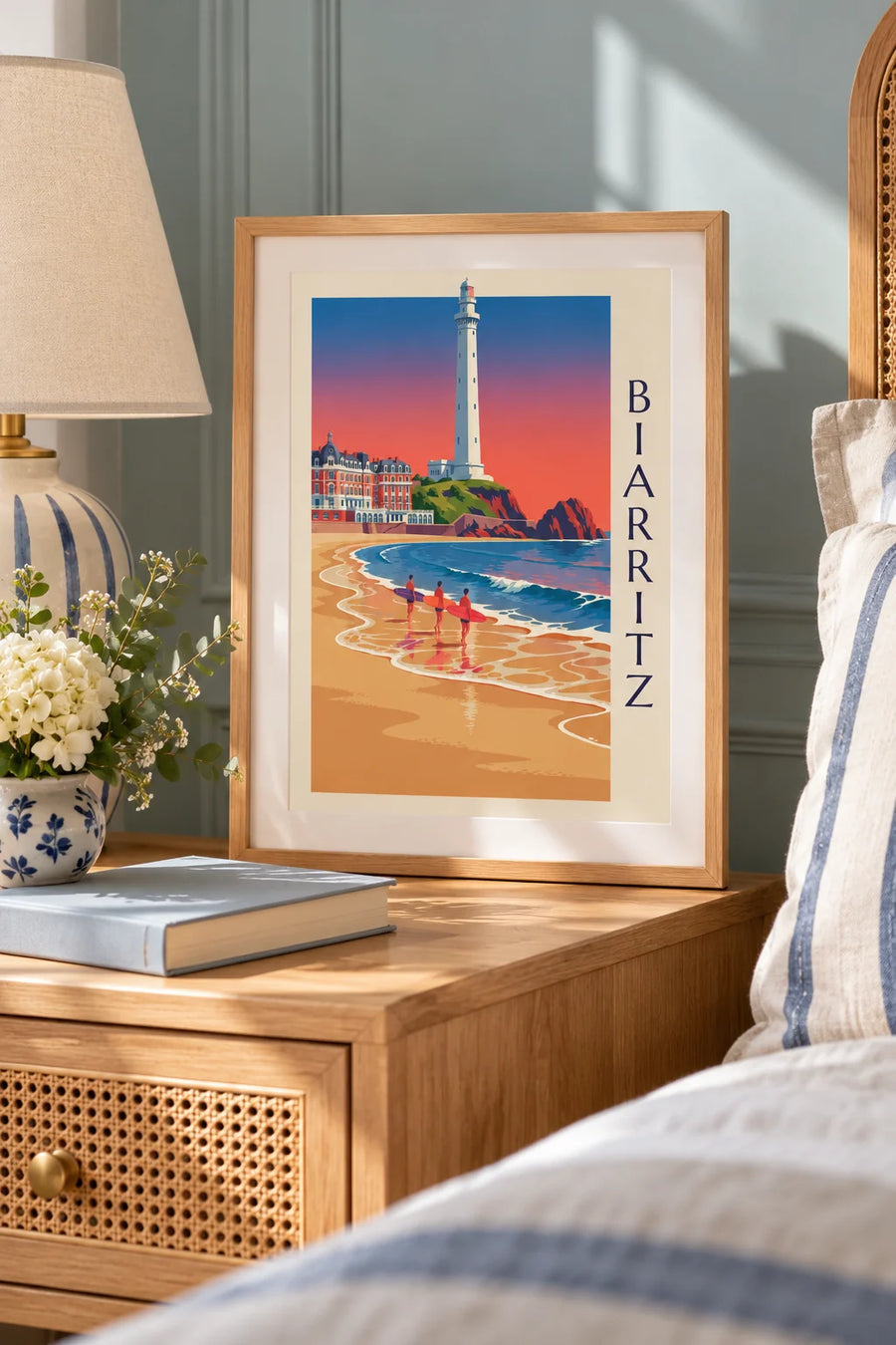 Plakat med surfere og longboards foran Hôtel du Palais i Biarritz: lille A4-plakat i ramme
