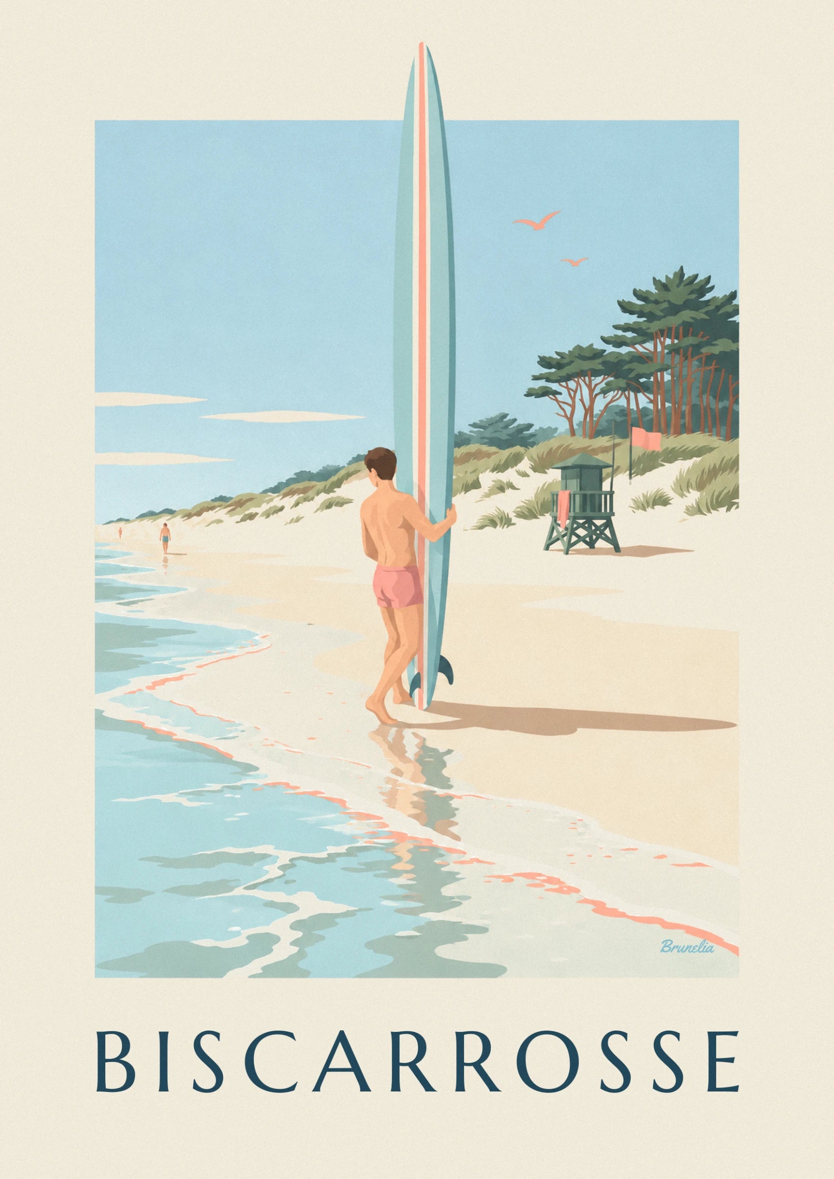 The surfer in pink shorts leaning against his striped blue board, facing the dune and lifeguard station