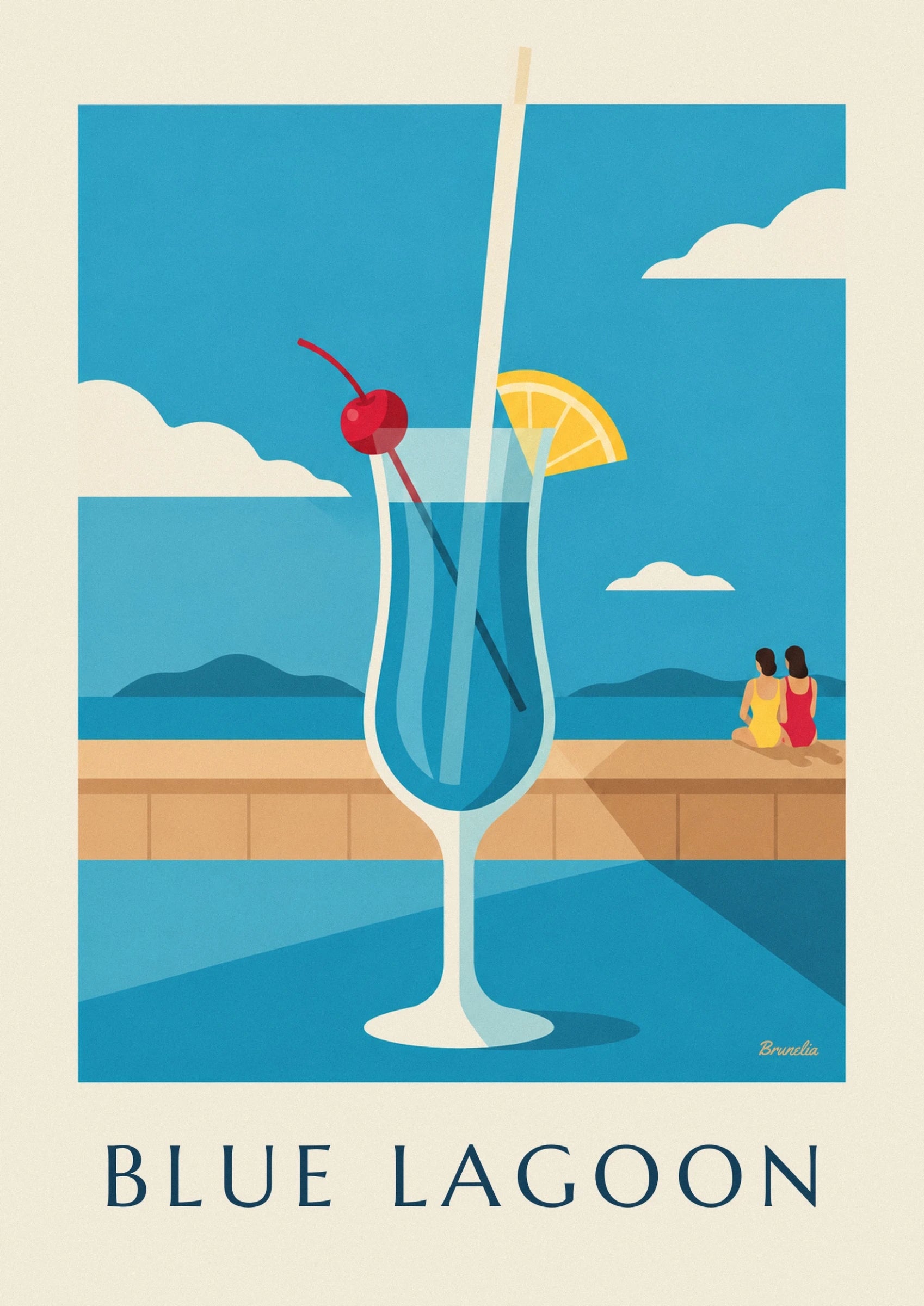 The tall blue glass and its dark straw in front of the turquoise lagoon