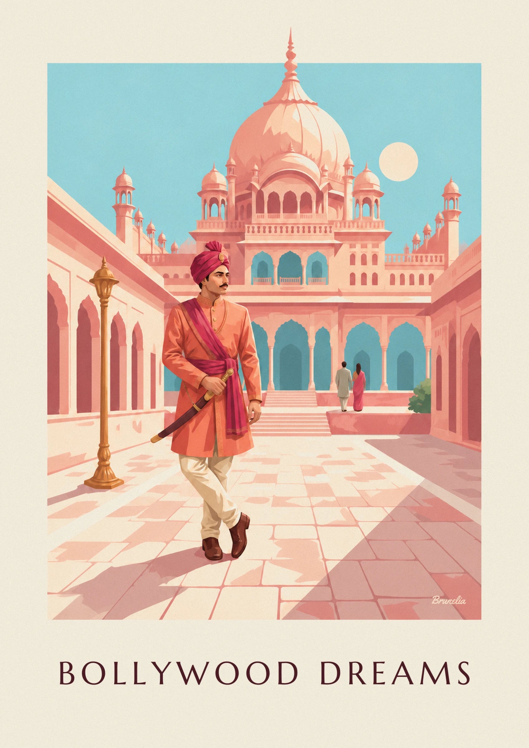 The moustached hero in a pink turban and orange jacket, sabre in hand, in the palace courtyard