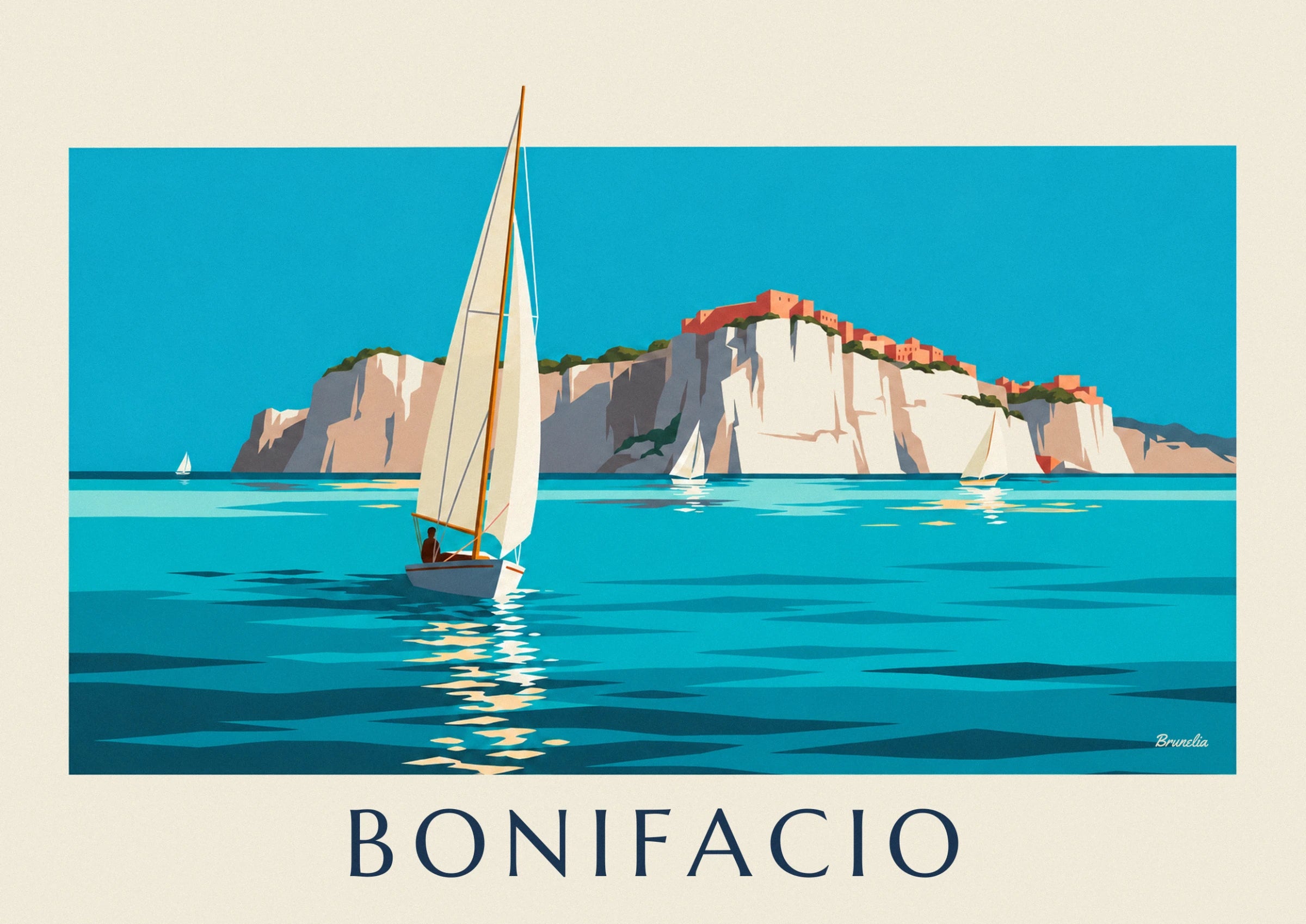 The sailing boat with a cream mainsail and its helmsman, in front of the beige cliffs