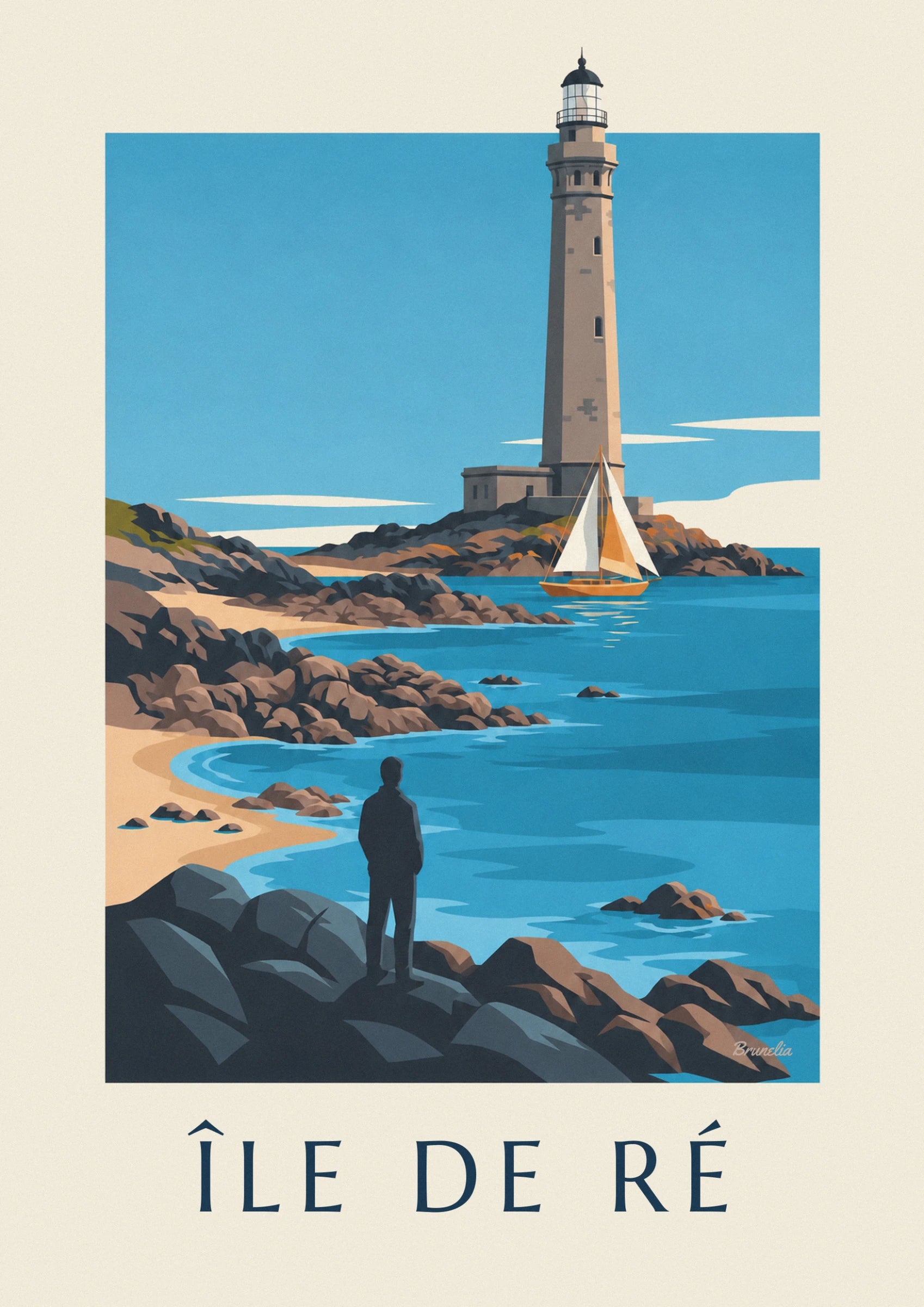 Le phare de granit gris dominant son rocher, et le voilier aux voiles blanche et orange