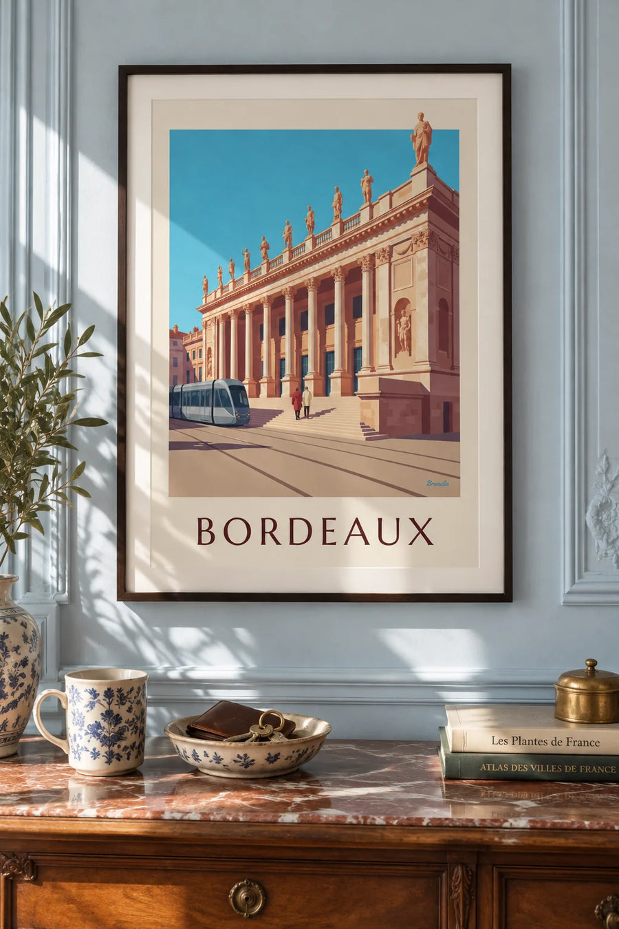 Plakat med Grand Théâtre og Place de la Comédie i Bordeaux: indrammet på væggen