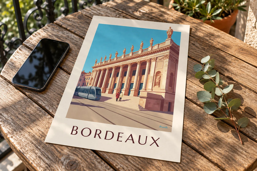 Plakat med Grand Théâtre og Place de la Comédie i Bordeaux: på et bord