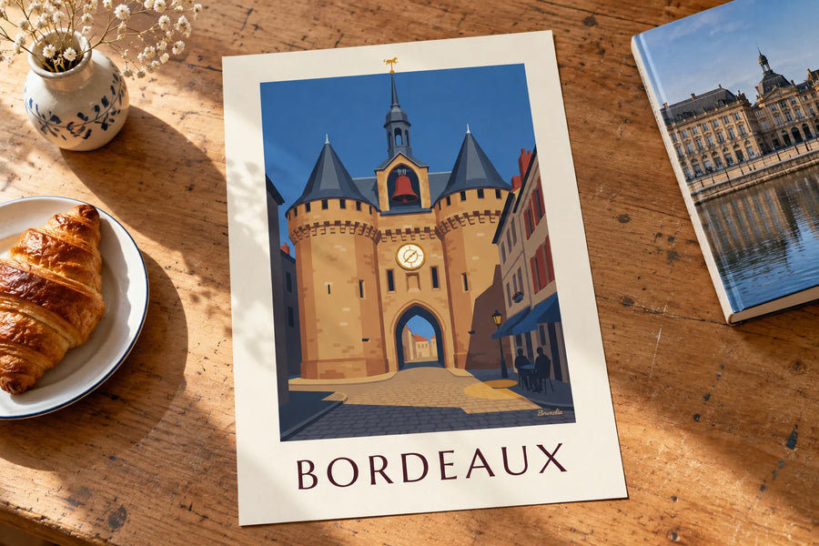 Plakat med Grosse Cloche i Bordeaux og caféterrasse: på et bord