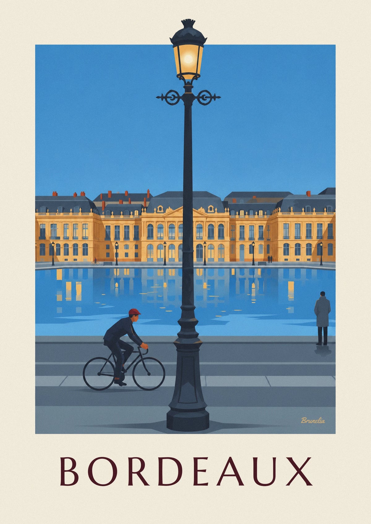 Affiche cycliste devant le miroir d'eau de Bordeaux au crépuscule
