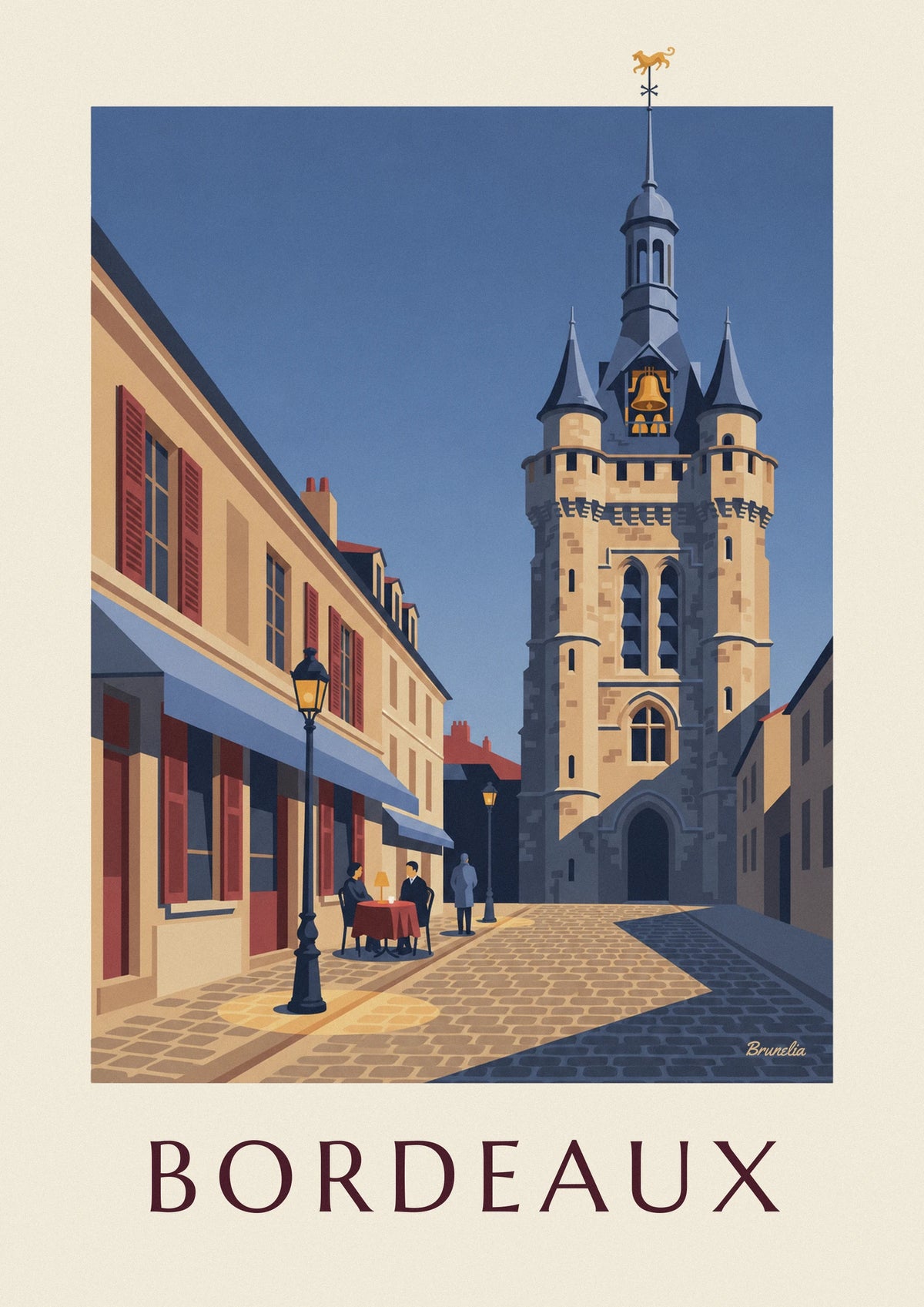 Affiche Grosse Cloche de Bordeaux et terrasse de café