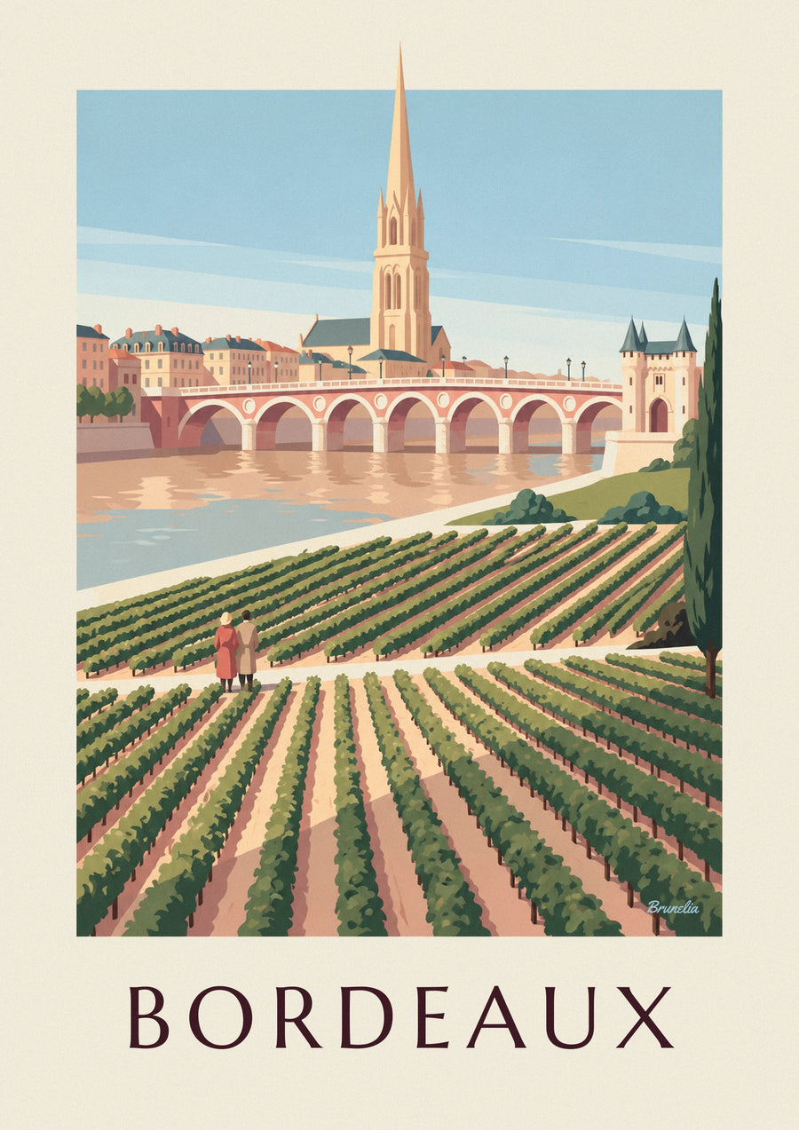 Plakat med stenbroen og Porte Cailhau i Bordeaux set fra vinmarkerne
