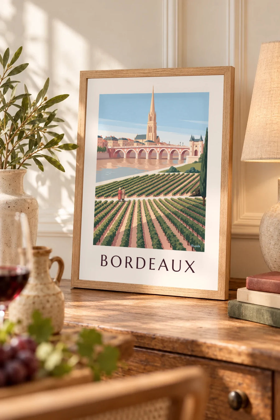 Plakat med stenbroen og Porte Cailhau i Bordeaux set fra vinmarkerne : lille A4-format i ramme